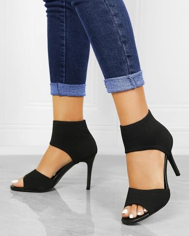Peep Toe Heels for Women Sexy 3 Inches Stiletto Heeled Sandals for Women Open Toe Wide Stretchy Knit Heel Sandal Booties Slip On Comfortable Dressy Shoes for Prom, Party and Work in Saudi Arabia