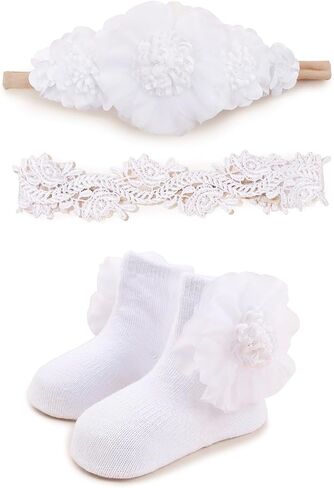 Baby Girl Nylon Headbands Socks Set Baby Bow Tie Socks Newborn Flower Socks Elastic Hairbands Hair Accessories Gift for Newborn Infant Toddlers (W-3) in Saudi Arabia