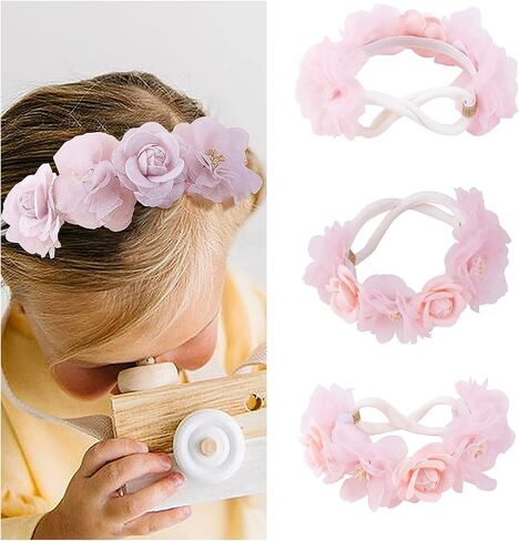 3pcs Baby Girl Floral Headbands Set-Elastic Hair Band Crown Flower Wraps for Newborn Infant Toddler in Saudi Arabia