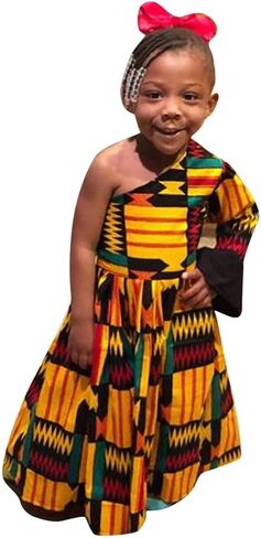 فساتين Dashiki الأفريقية للفتيات الصغيرات، ملابس حفلات بكتف مائل بنمط عرقي للأطفال الصغار in Saudi Arabia