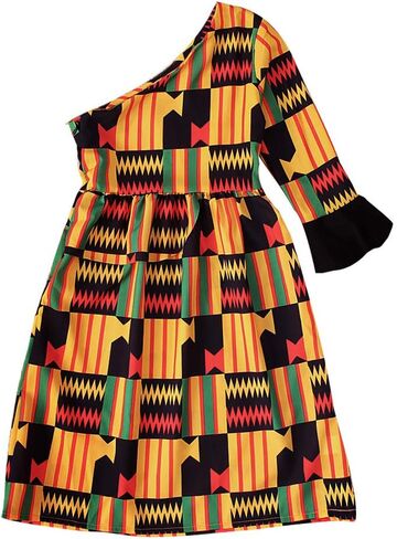 فساتين Dashiki الأفريقية للفتيات الصغيرات، ملابس حفلات بكتف مائل بنمط عرقي للأطفال الصغار in Saudi Arabia