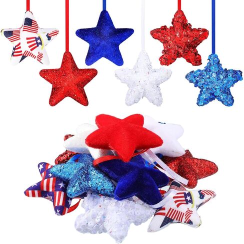 24 Pcs 4th of July Patriotic Hanging Star Ornament Stars Independence Day Hanging Star Glitter Mini USA Flag Hanging Star Decorations for Memorial Day Veterans Supplies (Modern) in Saudi Arabia
