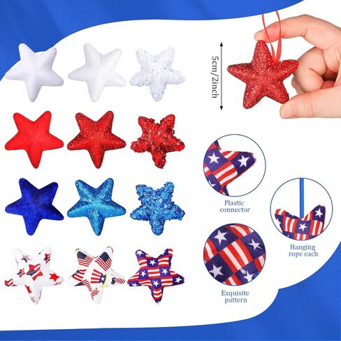 24 Pcs 4th of July Patriotic Hanging Star Ornament Stars Independence Day Hanging Star Glitter Mini USA Flag Hanging Star Decorations for Memorial Day Veterans Supplies (Modern) in Saudi Arabia