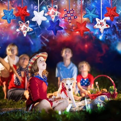 24 Pcs 4th of July Patriotic Hanging Star Ornament Stars Independence Day Hanging Star Glitter Mini USA Flag Hanging Star Decorations for Memorial Day Veterans Supplies (Modern) in Saudi Arabia