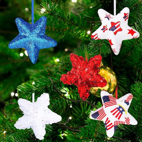24 Pcs 4th of July Patriotic Hanging Star Ornament Stars Independence Day Hanging Star Glitter Mini USA Flag Hanging Star Decorations for Memorial Day Veterans Supplies (Modern) in Saudi Arabia