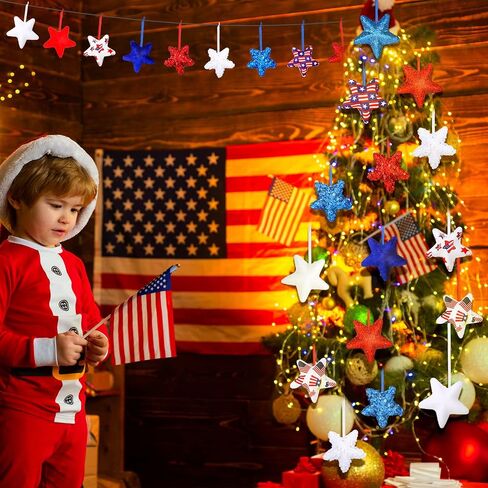 24 Pcs 4th of July Patriotic Hanging Star Ornament Stars Independence Day Hanging Star Glitter Mini USA Flag Hanging Star Decorations for Memorial Day Veterans Supplies (Modern) in Saudi Arabia
