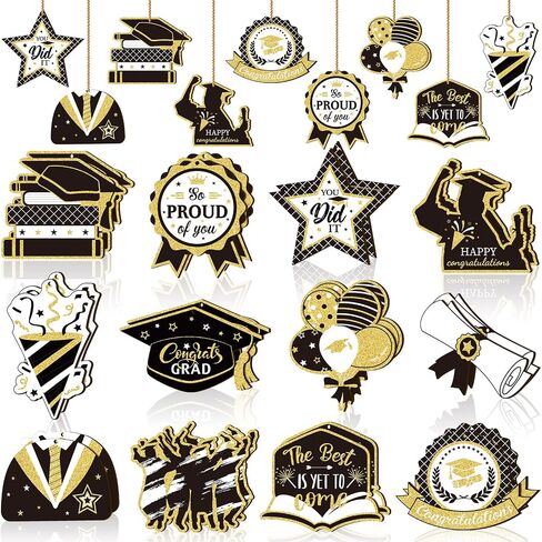 24 Pcs Graduation Ornament Graduations Decorations Wooden Grad Congrats Decorative Hanging Ornaments Graduations Tree Ornaments Pendant for College Senior Graduations Party Supplies(Black Gold) in Saudi Arabia