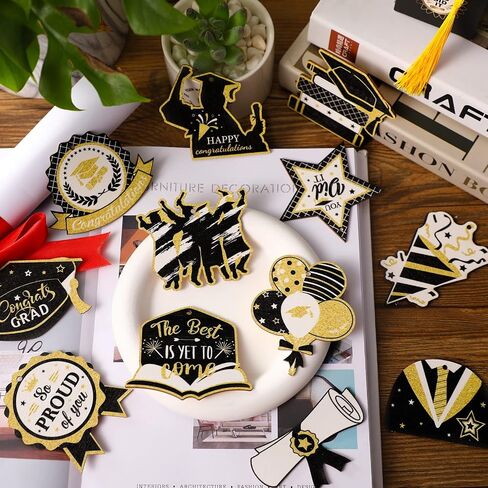 24 Pcs Graduation Ornament Graduations Decorations Wooden Grad Congrats Decorative Hanging Ornaments Graduations Tree Ornaments Pendant for College Senior Graduations Party Supplies(Black Gold) in Saudi Arabia