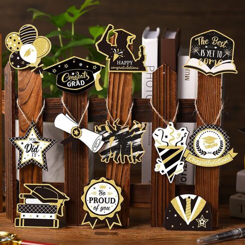 24 Pcs Graduation Ornament Graduations Decorations Wooden Grad Congrats Decorative Hanging Ornaments Graduations Tree Ornaments Pendant for College Senior Graduations Party Supplies(Black Gold) in Saudi Arabia