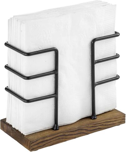 MyGift Rustic Burnt Solid Wood and Industrial Matte Black Metal Wire Dining Napkin Holder, Freestanding Geometric Serviette Dispenser Rack for Square Folded Cocktail Napkins in Saudi Arabia