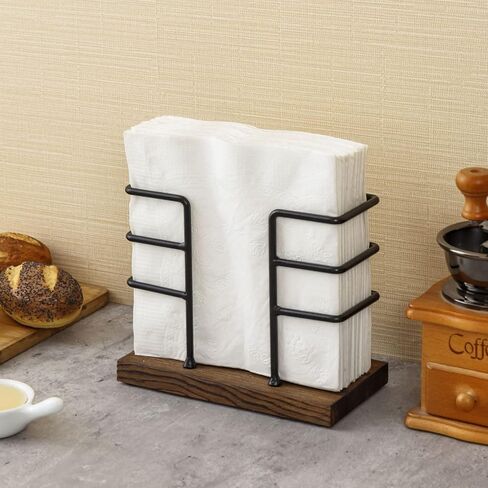 MyGift Rustic Burnt Solid Wood and Industrial Matte Black Metal Wire Dining Napkin Holder, Freestanding Geometric Serviette Dispenser Rack for Square Folded Cocktail Napkins in Saudi Arabia