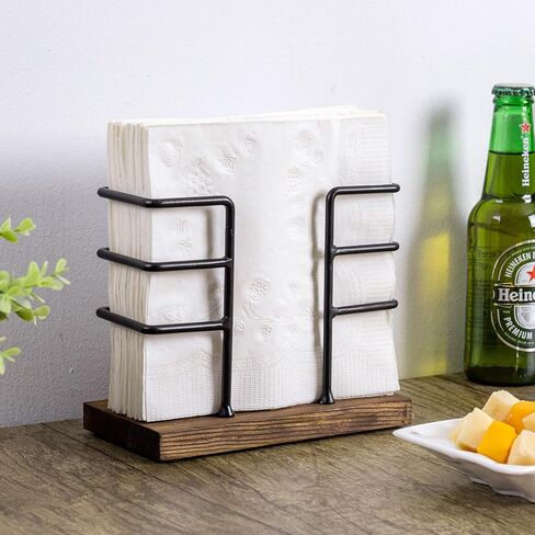 MyGift Rustic Burnt Solid Wood and Industrial Matte Black Metal Wire Dining Napkin Holder, Freestanding Geometric Serviette Dispenser Rack for Square Folded Cocktail Napkins in Saudi Arabia