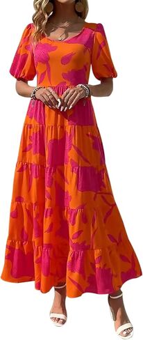 BTFBM Casual Women Summer Dresses 2024 Puff Sleeve Floral Maxi Dresses Smocked Backless Flowy Tiered Beach Long Dress in Saudi Arabia