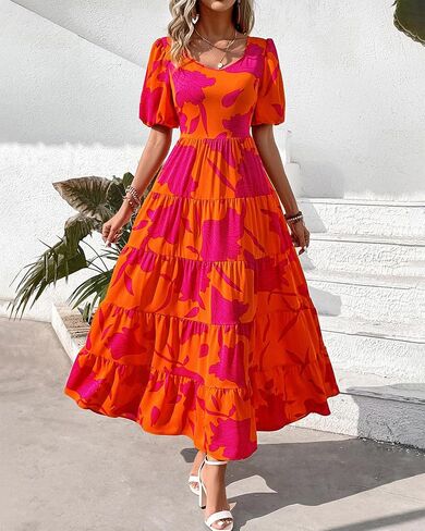 BTFBM Casual Women Summer Dresses 2024 Puff Sleeve Floral Maxi Dresses Smocked Backless Flowy Tiered Beach Long Dress in Saudi Arabia