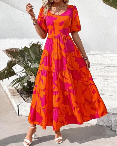 BTFBM Casual Women Summer Dresses 2024 Puff Sleeve Floral Maxi Dresses Smocked Backless Flowy Tiered Beach Long Dress in Saudi Arabia