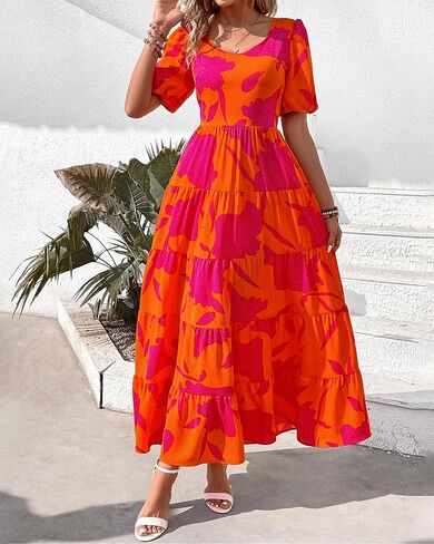 BTFBM Casual Women Summer Dresses 2024 Puff Sleeve Floral Maxi Dresses Smocked Backless Flowy Tiered Beach Long Dress in Saudi Arabia
