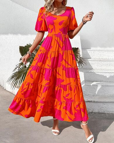 BTFBM Casual Women Summer Dresses 2024 Puff Sleeve Floral Maxi Dresses Smocked Backless Flowy Tiered Beach Long Dress in Saudi Arabia