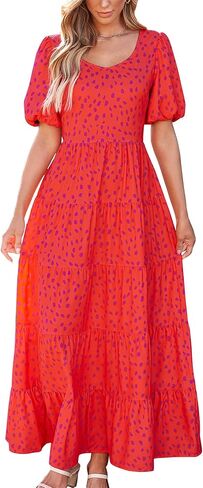 BTFBM Casual Women Summer Dresses 2024 Puff Sleeve Floral Maxi Dresses Smocked Backless Flowy Tiered Beach Long Dress in Saudi Arabia
