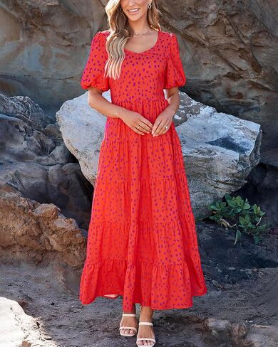 BTFBM Casual Women Summer Dresses 2024 Puff Sleeve Floral Maxi Dresses Smocked Backless Flowy Tiered Beach Long Dress in Saudi Arabia