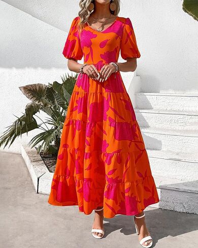 BTFBM Casual Women Summer Dresses 2024 Puff Sleeve Floral Maxi Dresses Smocked Backless Flowy Tiered Beach Long Dress in Saudi Arabia