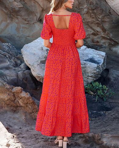 BTFBM Casual Women Summer Dresses 2024 Puff Sleeve Floral Maxi Dresses Smocked Backless Flowy Tiered Beach Long Dress in Saudi Arabia