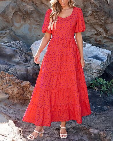 BTFBM Casual Women Summer Dresses 2024 Puff Sleeve Floral Maxi Dresses Smocked Backless Flowy Tiered Beach Long Dress in Saudi Arabia