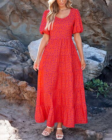BTFBM Casual Women Summer Dresses 2024 Puff Sleeve Floral Maxi Dresses Smocked Backless Flowy Tiered Beach Long Dress in Saudi Arabia