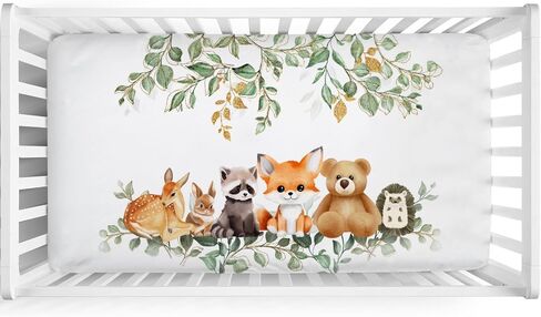 Woodland Animals Mountain Forest Baby Crib Sheets 52''x28'' Bear Raccoon Fox Deer Rabbit Hedgehog Stretchy Fitted Crib Mattress Sheet for Boy Girl Soft Bed Sheets for Standard Crib Toddler Mattress in Kuwait