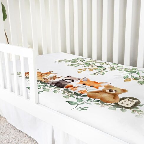 Woodland Animals Mountain Forest Baby Crib Sheets 52''x28'' Bear Raccoon Fox Deer Rabbit Hedgehog Stretchy Fitted Crib Mattress Sheet for Boy Girl Soft Bed Sheets for Standard Crib Toddler Mattress in Kuwait