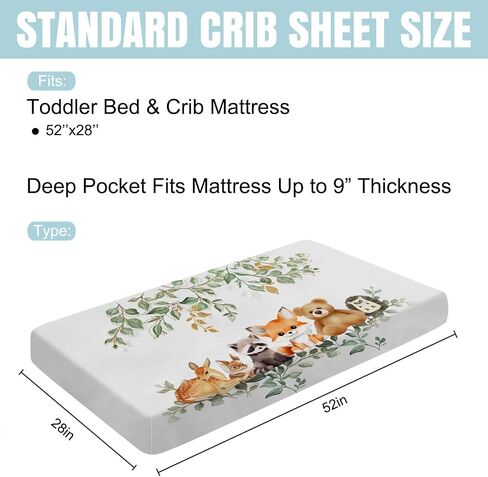 Woodland Animals Mountain Forest Baby Crib Sheets 52''x28'' Bear Raccoon Fox Deer Rabbit Hedgehog Stretchy Fitted Crib Mattress Sheet for Boy Girl Soft Bed Sheets for Standard Crib Toddler Mattress in Kuwait
