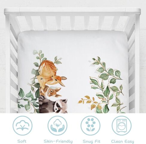 Woodland Animals Mountain Forest Baby Crib Sheets 52''x28'' Bear Raccoon Fox Deer Rabbit Hedgehog Stretchy Fitted Crib Mattress Sheet for Boy Girl Soft Bed Sheets for Standard Crib Toddler Mattress in Kuwait