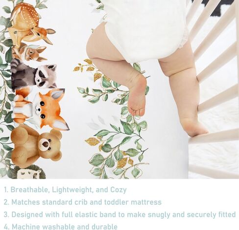 Woodland Animals Mountain Forest Baby Crib Sheets 52''x28'' Bear Raccoon Fox Deer Rabbit Hedgehog Stretchy Fitted Crib Mattress Sheet for Boy Girl Soft Bed Sheets for Standard Crib Toddler Mattress in Kuwait