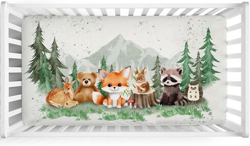Woodland Animals Mountain Forest Baby Crib Sheets 52''x28'' Bear Raccoon Fox Deer Rabbit Hedgehog Stretchy Fitted Crib Mattress Sheet for Boy Girl Soft Bed Sheets for Standard Crib Toddler Mattress in Kuwait