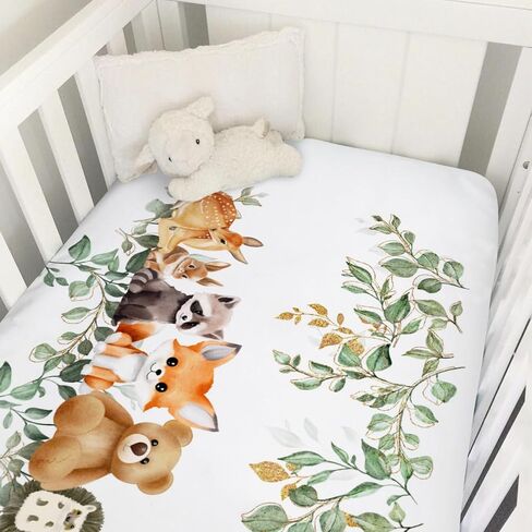 Woodland Animals Mountain Forest Baby Crib Sheets 52''x28'' Bear Raccoon Fox Deer Rabbit Hedgehog Stretchy Fitted Crib Mattress Sheet for Boy Girl Soft Bed Sheets for Standard Crib Toddler Mattress in Kuwait