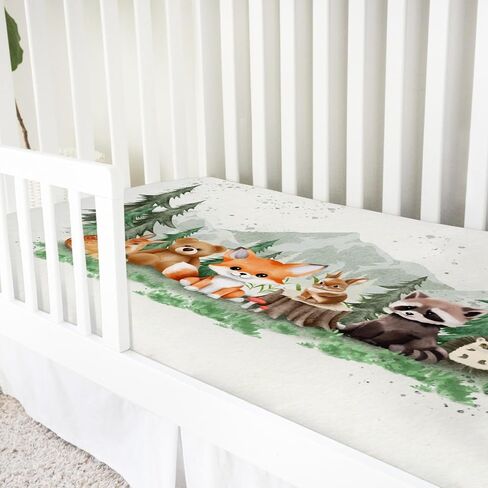 Woodland Animals Mountain Forest Baby Crib Sheets 52''x28'' Bear Raccoon Fox Deer Rabbit Hedgehog Stretchy Fitted Crib Mattress Sheet for Boy Girl Soft Bed Sheets for Standard Crib Toddler Mattress in Kuwait