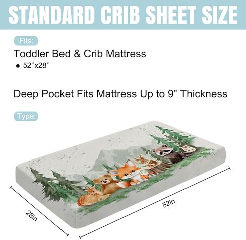 Woodland Animals Mountain Forest Baby Crib Sheets 52''x28'' Bear Raccoon Fox Deer Rabbit Hedgehog Stretchy Fitted Crib Mattress Sheet for Boy Girl Soft Bed Sheets for Standard Crib Toddler Mattress in Kuwait