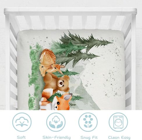 Woodland Animals Mountain Forest Baby Crib Sheets 52''x28'' Bear Raccoon Fox Deer Rabbit Hedgehog Stretchy Fitted Crib Mattress Sheet for Boy Girl Soft Bed Sheets for Standard Crib Toddler Mattress in Kuwait