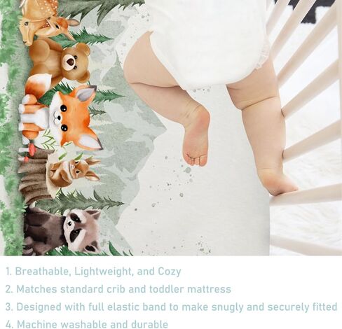 Woodland Animals Mountain Forest Baby Crib Sheets 52''x28'' Bear Raccoon Fox Deer Rabbit Hedgehog Stretchy Fitted Crib Mattress Sheet for Boy Girl Soft Bed Sheets for Standard Crib Toddler Mattress in Kuwait
