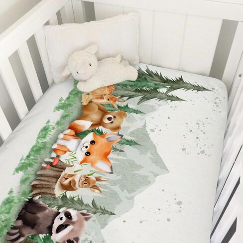 Woodland Animals Mountain Forest Baby Crib Sheets 52''x28'' Bear Raccoon Fox Deer Rabbit Hedgehog Stretchy Fitted Crib Mattress Sheet for Boy Girl Soft Bed Sheets for Standard Crib Toddler Mattress in Kuwait