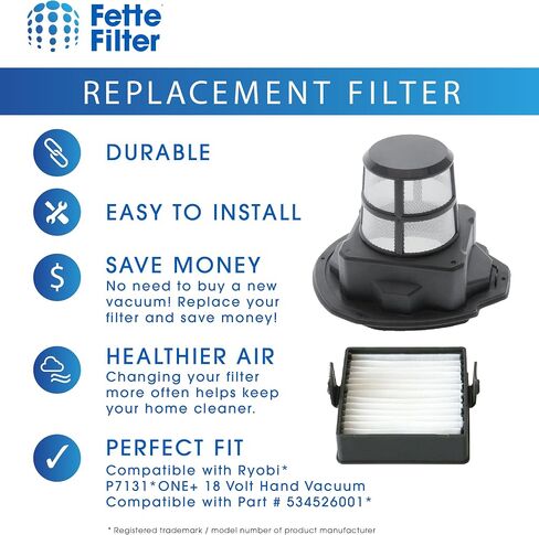فلتر Fette - مجموعة شاشة فلتر P7131 متوافقة مع Ryobi P7131، P7131ID 18V ONE+ جزء فراغ اليد # 534526001 مجموعة الشاشة وفلتر 533907002 (شاشة فلتر واحدة + فلتر هواء واحد) in Saudi Arabia