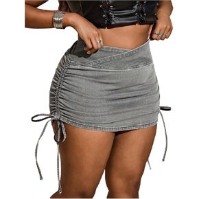 Floerns Women's Plus Size Cross Wrap Waist Denim Skirt Drawstring Side Mini Skirt in Kuwait