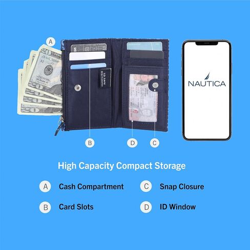 Nautica High Tide Small Wallet للنساء ، حامل بطاقة الائتمان النحيف RFID مع جيب عملة سحاب ، محفظة مضغوطة ذات ثنائية مع نافذة معرف ، مطبعة باللون الأحمر in Saudi Arabia