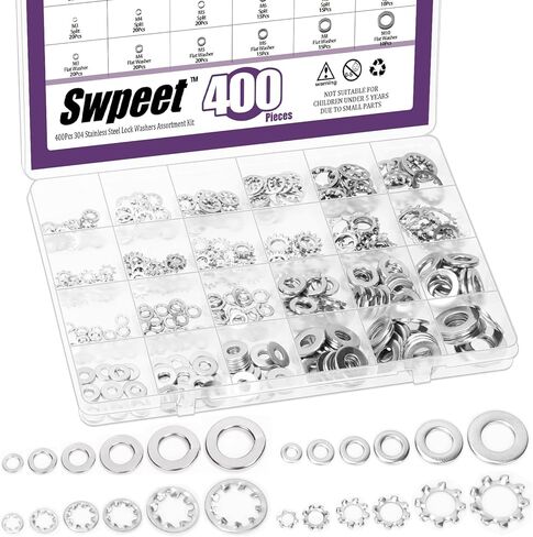 SWPEET 400PCS 4 أنماط#6#8#10 1/4 "5/16" 3/8 "SAE غسالات قفل الفولاذ المقاوم للصدأ مجموعة مجموعة متنوعة ، غسالات أسنان خارجية ، أسنان داخلية قفل/قفل تقسيم/غسالة مسطحة للبراغي البراغي البراغي in Kuwait