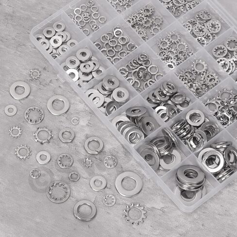 SWPEET 400PCS 4 أنماط#6#8#10 1/4 "5/16" 3/8 "SAE غسالات قفل الفولاذ المقاوم للصدأ مجموعة مجموعة متنوعة ، غسالات أسنان خارجية ، أسنان داخلية قفل/قفل تقسيم/غسالة مسطحة للبراغي البراغي البراغي in Kuwait