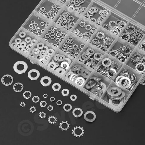 SWPEET 400PCS 4 أنماط#6#8#10 1/4 "5/16" 3/8 "SAE غسالات قفل الفولاذ المقاوم للصدأ مجموعة مجموعة متنوعة ، غسالات أسنان خارجية ، أسنان داخلية قفل/قفل تقسيم/غسالة مسطحة للبراغي البراغي البراغي in Kuwait