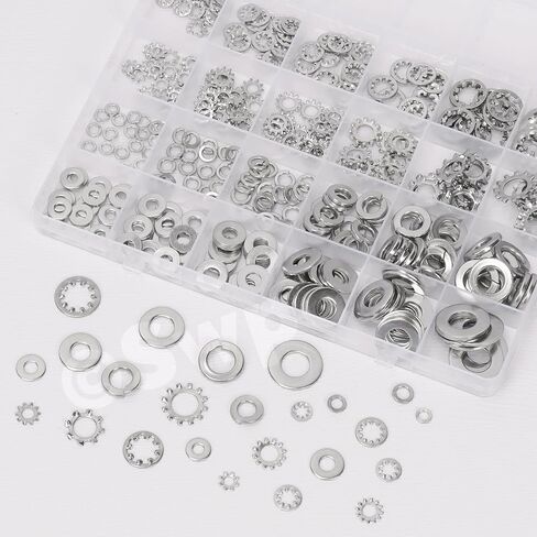 SWPEET 400PCS 4 أنماط#6#8#10 1/4 "5/16" 3/8 "SAE غسالات قفل الفولاذ المقاوم للصدأ مجموعة مجموعة متنوعة ، غسالات أسنان خارجية ، أسنان داخلية قفل/قفل تقسيم/غسالة مسطحة للبراغي البراغي البراغي in Kuwait