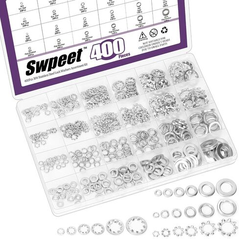 SWPEET 400PCS 4 أنماط#6#8#10 1/4 "5/16" 3/8 "SAE غسالات قفل الفولاذ المقاوم للصدأ مجموعة مجموعة متنوعة ، غسالات أسنان خارجية ، أسنان داخلية قفل/قفل تقسيم/غسالة مسطحة للبراغي البراغي البراغي in Kuwait
