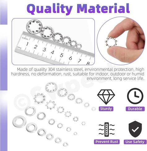 SWPEET 400PCS 4 أنماط#6#8#10 1/4 "5/16" 3/8 "SAE غسالات قفل الفولاذ المقاوم للصدأ مجموعة مجموعة متنوعة ، غسالات أسنان خارجية ، أسنان داخلية قفل/قفل تقسيم/غسالة مسطحة للبراغي البراغي البراغي in Kuwait