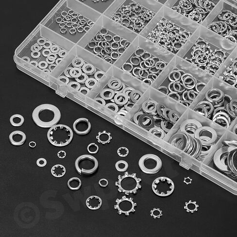 SWPEET 400PCS 4 أنماط#6#8#10 1/4 "5/16" 3/8 "SAE غسالات قفل الفولاذ المقاوم للصدأ مجموعة مجموعة متنوعة ، غسالات أسنان خارجية ، أسنان داخلية قفل/قفل تقسيم/غسالة مسطحة للبراغي البراغي البراغي in Kuwait