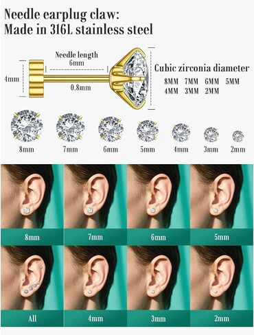 7 أزواج أقراط للنساء للنساء ، الذهب/الذهب/الفضة من الفولاذ الجراحي الصلب 20G مجموعات أقراط مسطحة للآذان الحساسة ، تألق الزركونيا المكعب 2-8 ملم لثقب متعدد in Kuwait